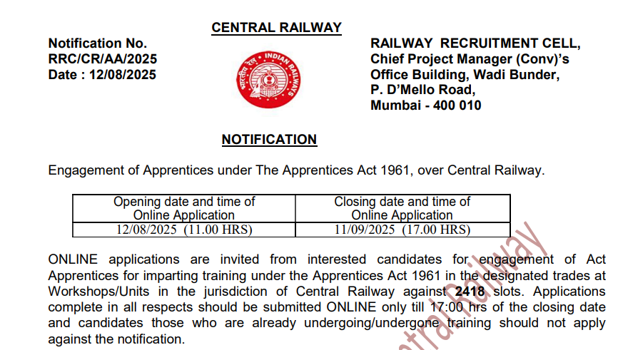 Central Railway Apprentice Bharti 2025 | मध्य रेलवे अपरेंटिस भर्ती 2025
