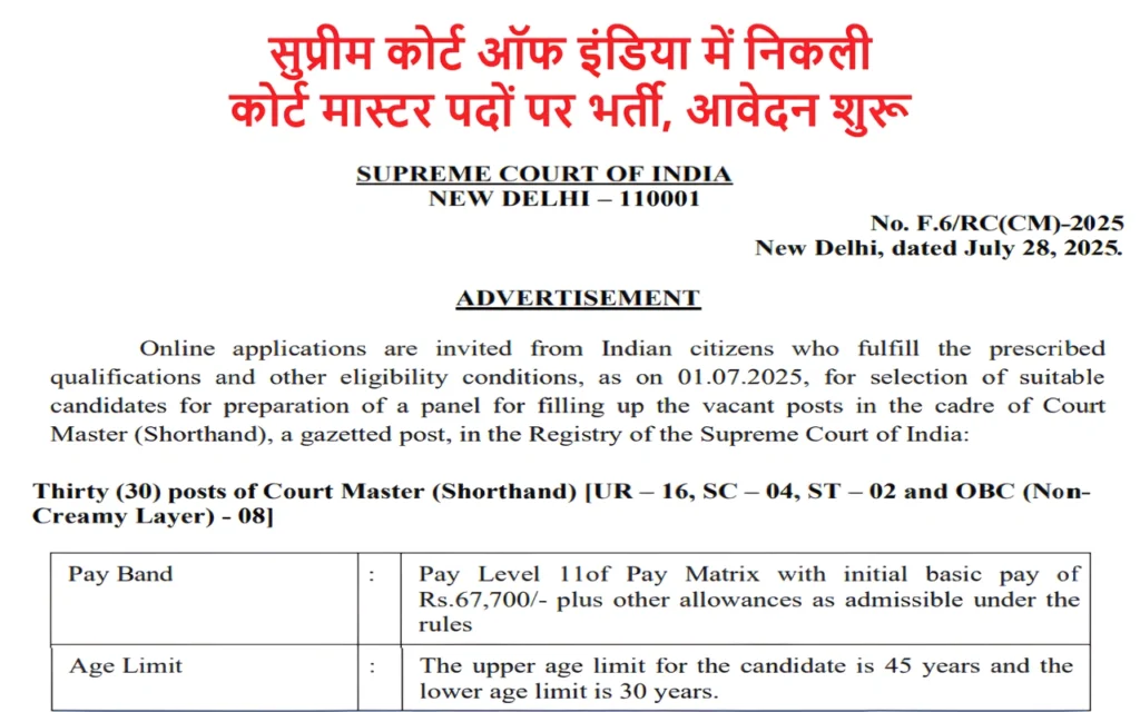SCI Court Master Bharti 2025