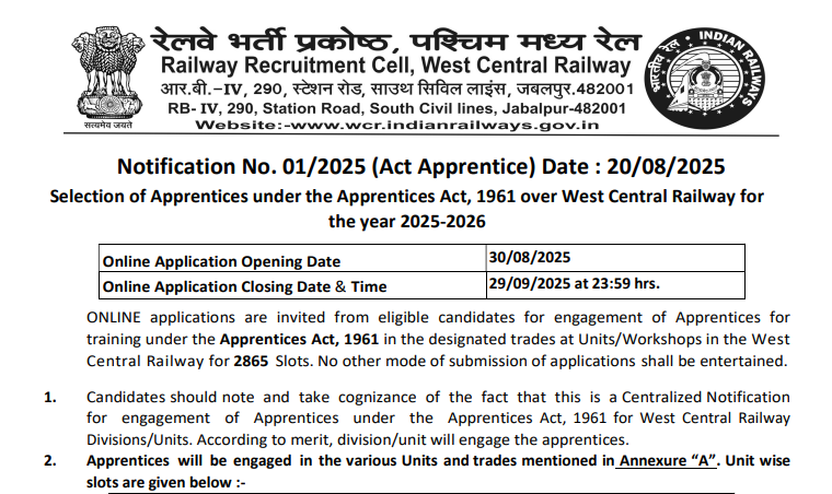 WCR Apprentice Bharti 2025 | डब्ल्यूसीआर अपरेंटिस भर्ती 2025 1 WCR Apprentice Bharti 2025