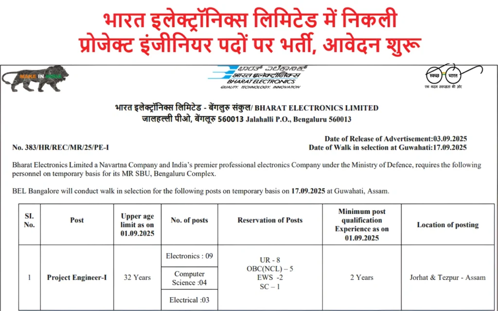 BEL Project Engineer Bharti 2025: भारत इलेक्ट्रॉनिक्स लिमिटेड में निकली प्रोजेक्ट इंजीनियर पदों पर भर्ती, आवेदन शुरू 1 BEL Project Engineer Bharti 2025
