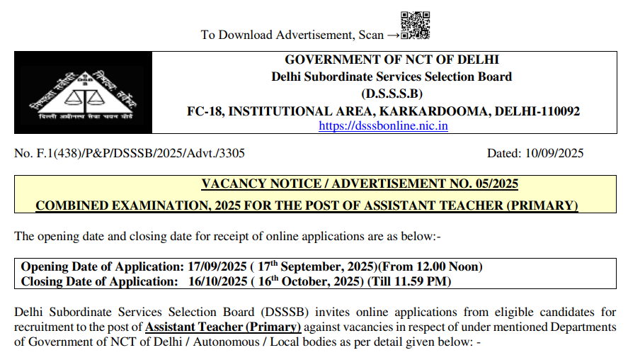 DSSSB Assistant Teacher Bharti 2025